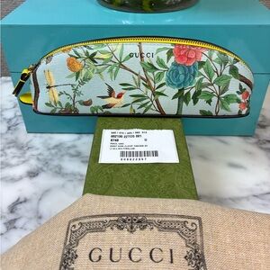Gucci Blue Floral Tian Print Leather Pencil Case - Authentic w/ Box, Dusty & Tag